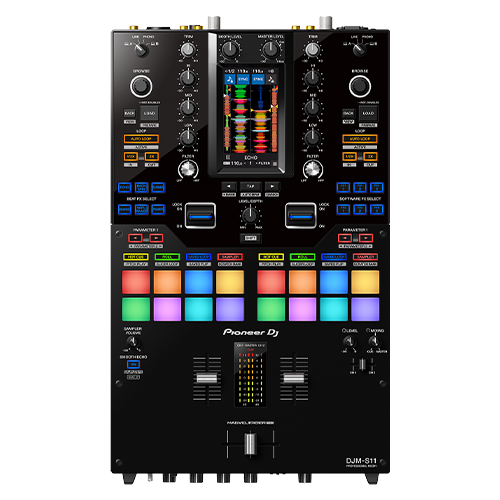 Pioneer DJM-S11 Pioneer DJM-S11 professional two-channel DJ mixer with a touchscreen display and performance pads, available for rent at FX Rentals.